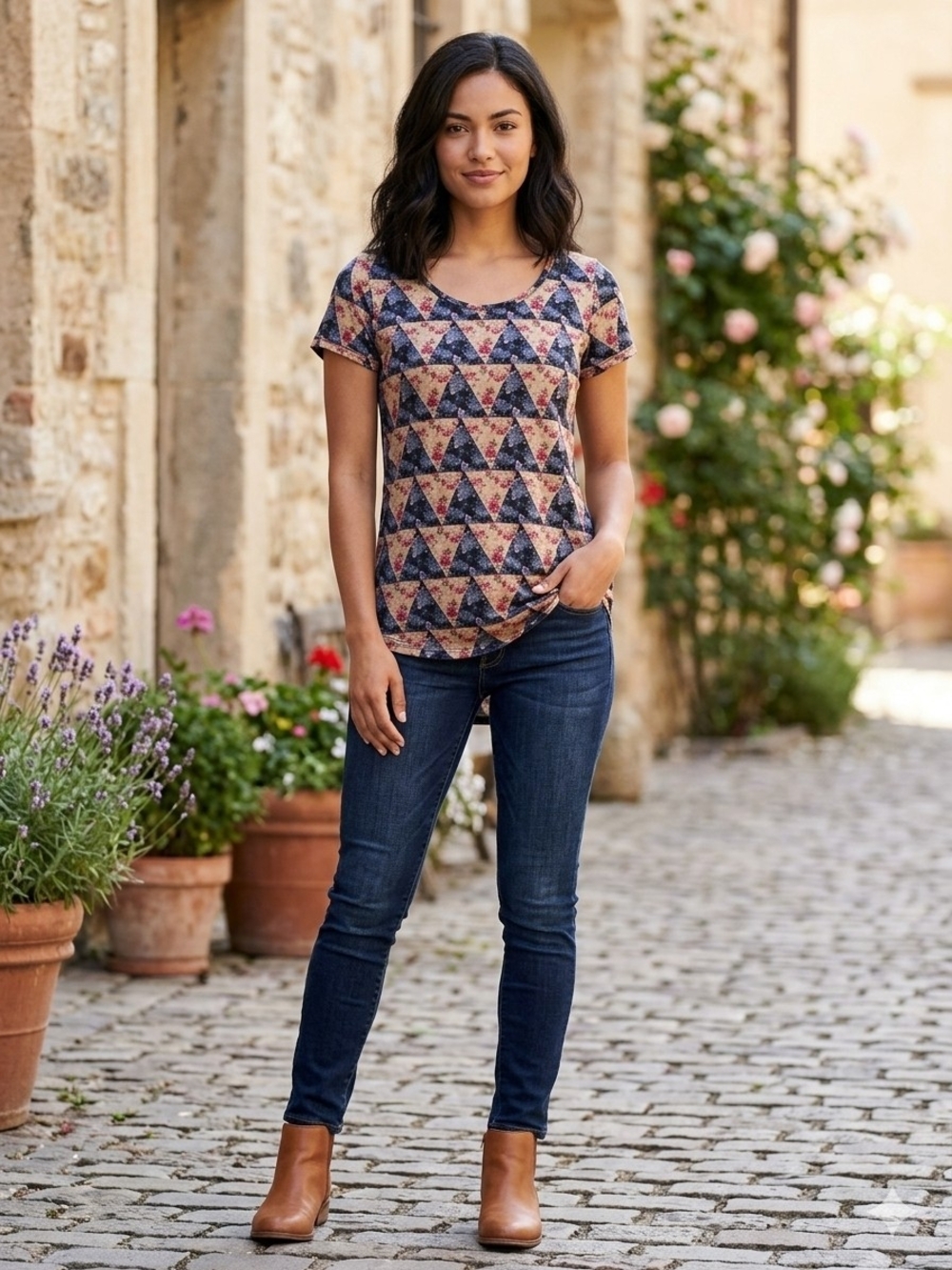LuLaRoe Peach and Black Triangle Floral Short Sleeve Top
